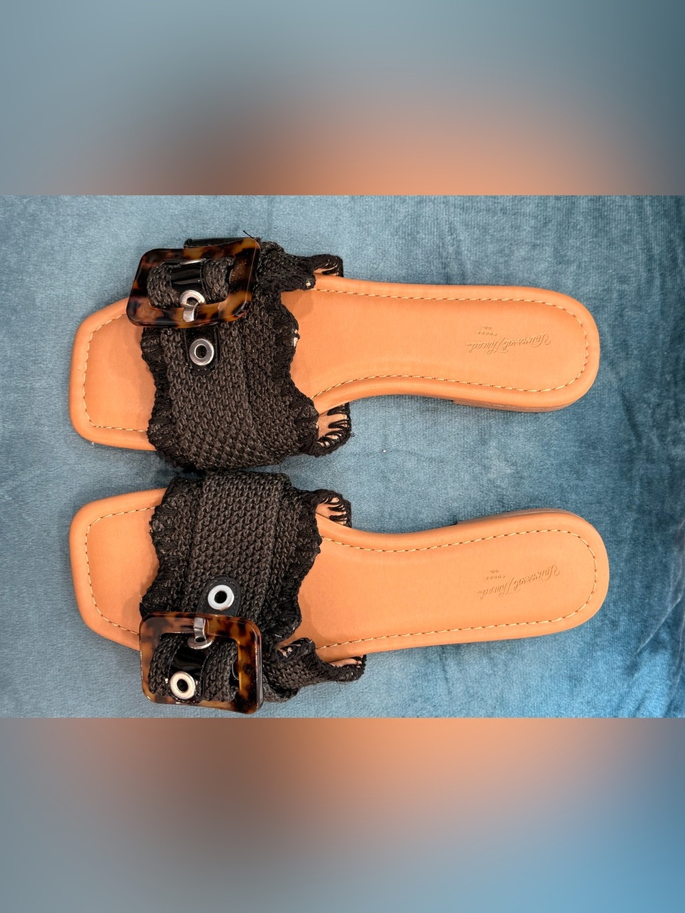 Black Woven Slide Sandals with Tortoiseshell Buckle